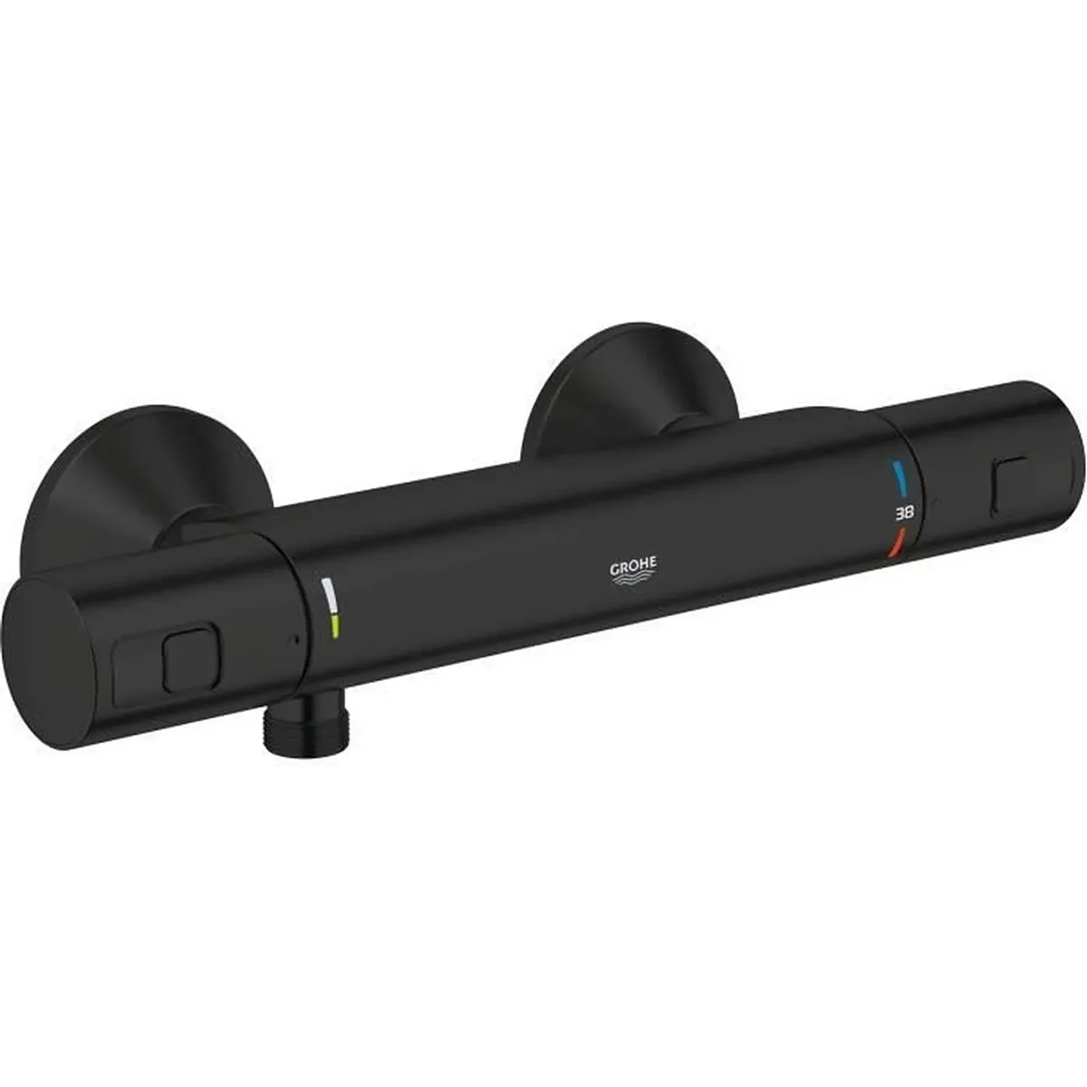 Die GROHE Precision Start Thermostat-Brausebatterie – schwarz von Grohe ist eine schwarze, an der Wand montierte Duschthermostatarmatur mit zwei runden Drehknöpfen, minimalistischen Temperaturmarkierungen und fortschrittlicher GROHE Precision Start-Technologie für eine präzise Wassersteuerung.