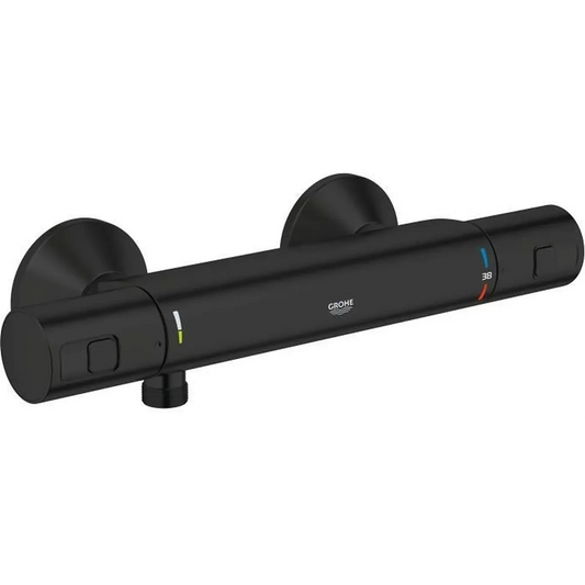Die GROHE Precision Start Thermostat-Brausebatterie – schwarz von Grohe ist eine schwarze, an der Wand montierte Duschthermostatarmatur mit zwei runden Drehknöpfen, minimalistischen Temperaturmarkierungen und fortschrittlicher GROHE Precision Start-Technologie für eine präzise Wassersteuerung.