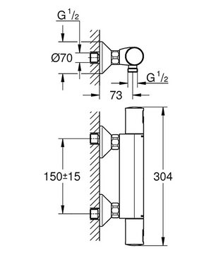 Technische Zeichnung der wandmontierten Grohe GROHE Precision Start Thermostat-Brausebatterie in Schwarz mit beschrifteten Maßen und Rohranschlüssen.