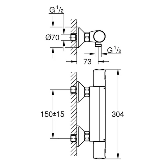 Technische Zeichnung der wandmontierten Grohe GROHE Precision Start Thermostat-Brausebatterie in Schwarz mit beschrifteten Maßen und Rohranschlüssen.