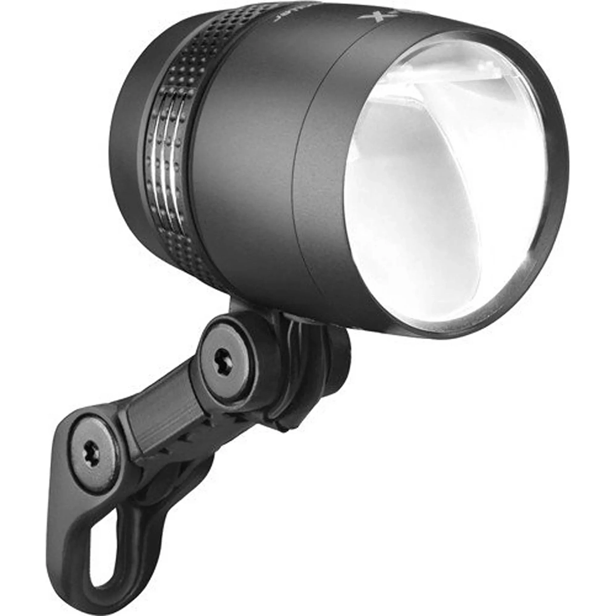 Der Busch & Müller Lumotec IQ-X T Senso Plus Dynamoscheinwerfer in schwarz, in der Seitenansicht mit Bügelhalterung, vor weißem Hintergrund.