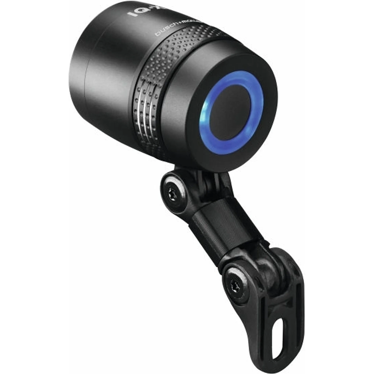 Der Busch & Müller Lumotec IQ-X T Senso Plus Dynamoscheinwerfer in schwarz ist ein Fahrradscheinwerfer mit einem blauen Ring um die Linse, der auf einem verstellbaren Bügel montiert ist.