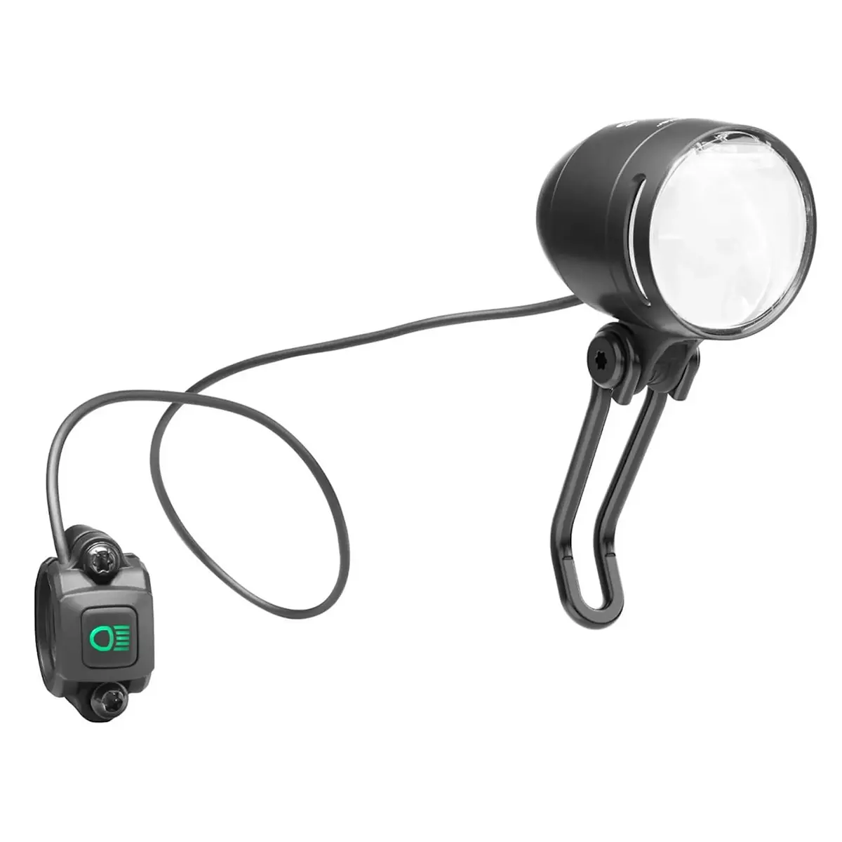 Der Busch & Müller IQ-XS High Beam Dynamoscheinwerfer in schwarz verfügt über einen kabelgebundenen Lenkerschalter mit grünem Einschaltknopf und eine Fernlichtfunktion für bessere Sichtbarkeit auf Ihren Fahrten.