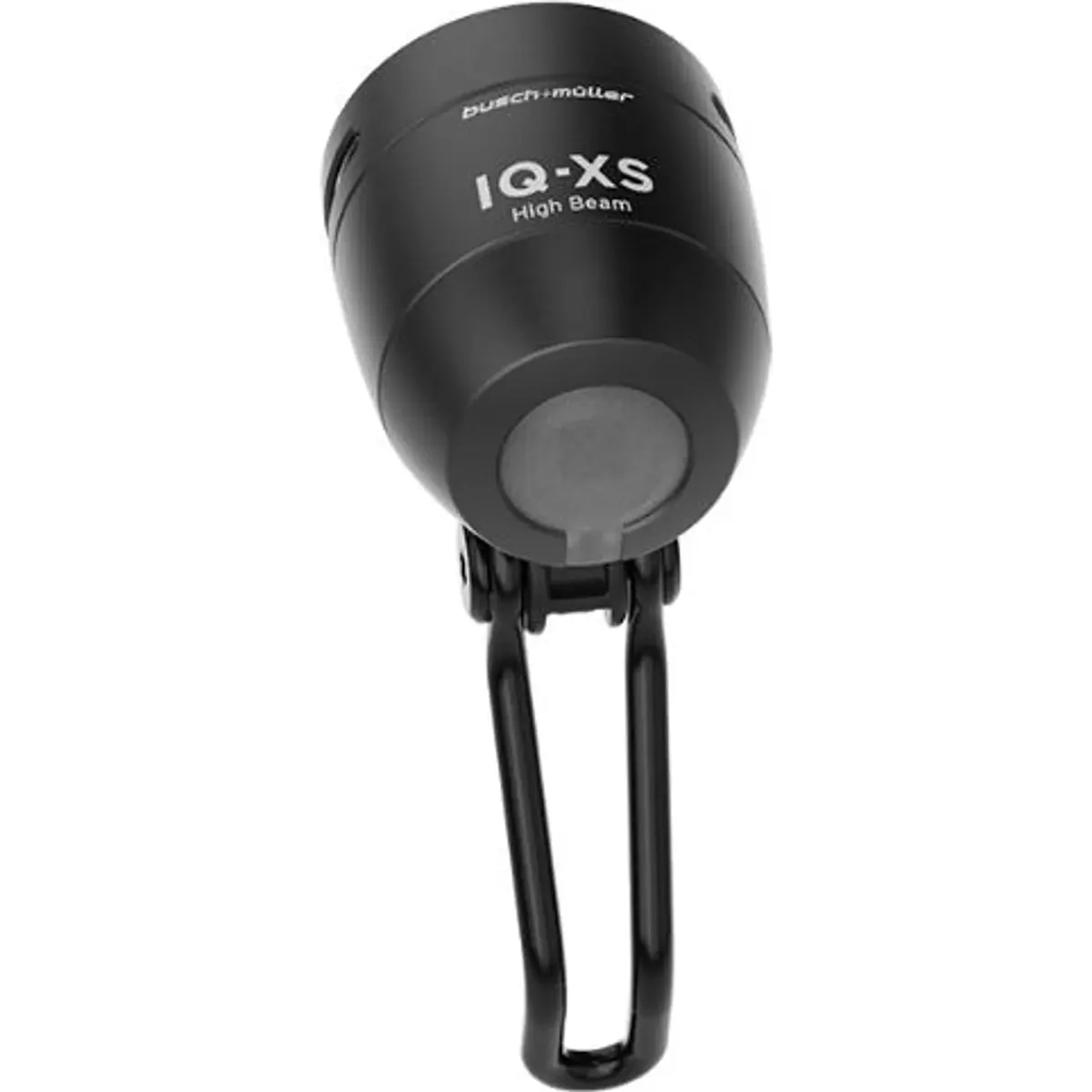 Busch & Müller IQ-XS Fernlicht Dynamoscheinwerfer in schwarz, Frontansicht, mit Fernlichtfunktion und Halterung.