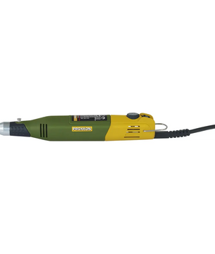 Das grüne PROXXON MICROMOT 230/E Bohr- und Fräsgerät von Proxxon, von der Seite gesehen mit schwarzem Kabel, vor weißem Hintergrund.