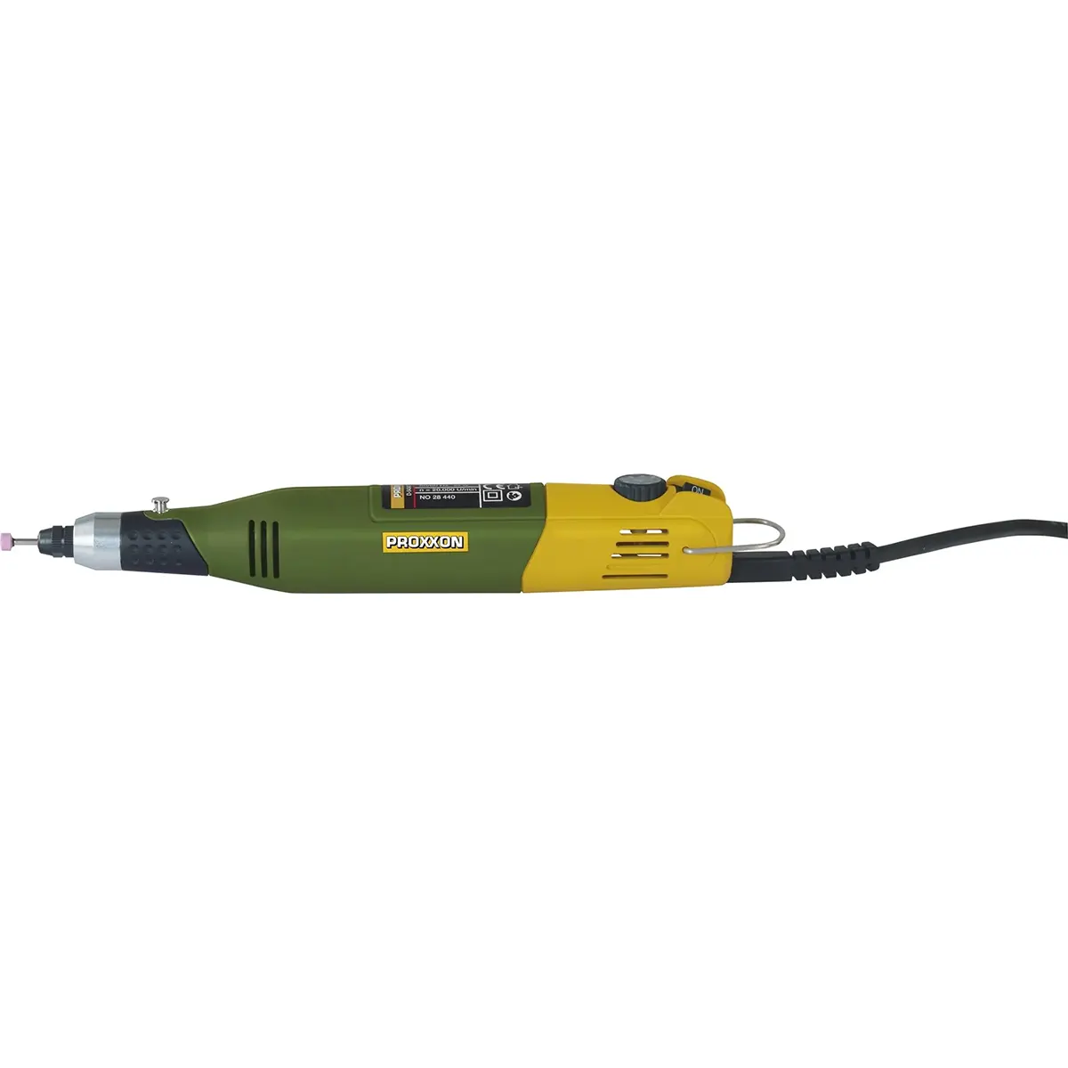 Das grüne PROXXON MICROMOT 230/E Bohr- und Fräsgerät von Proxxon, von der Seite gesehen mit schwarzem Kabel, vor weißem Hintergrund.