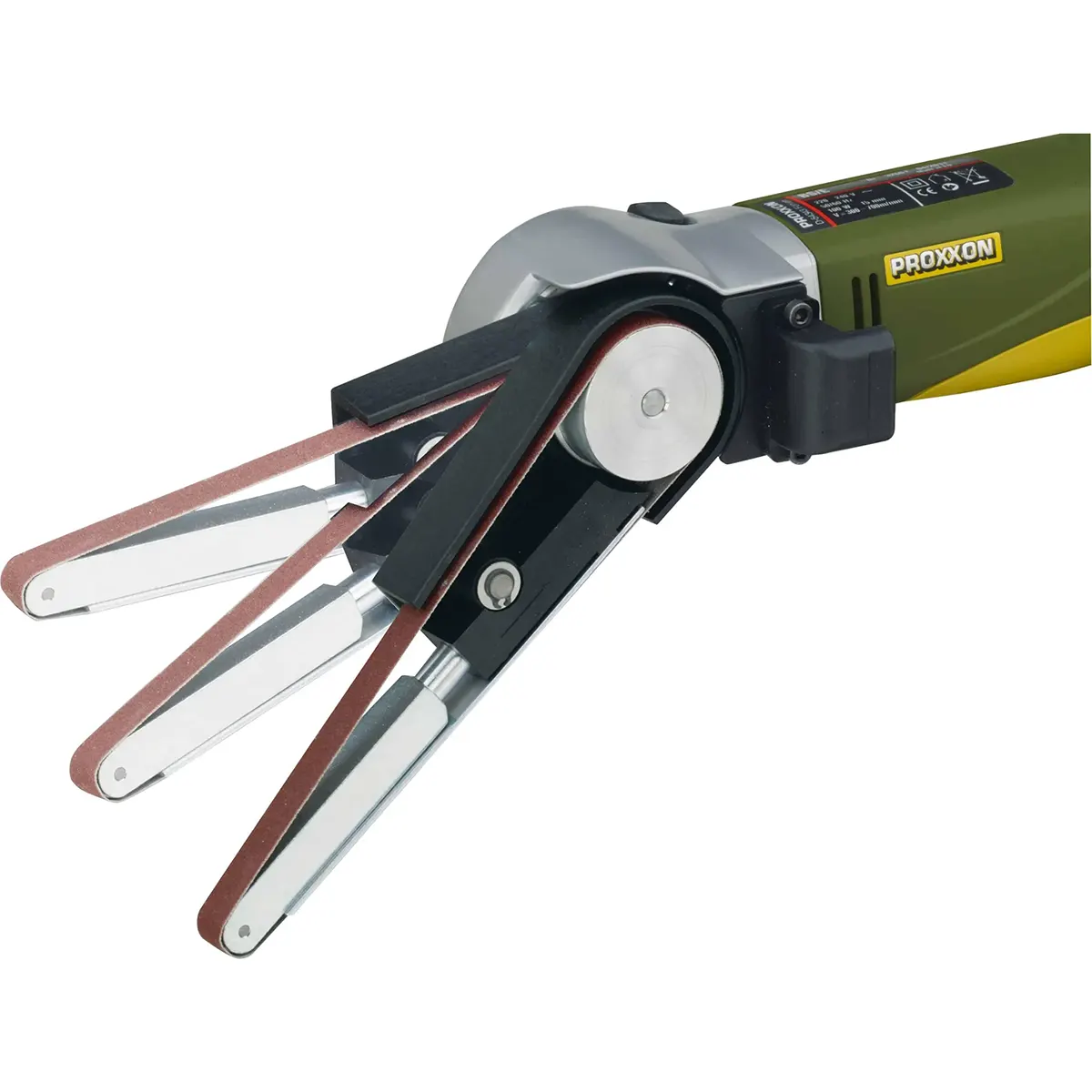 Der PROXXON BS/E Bandschleifer – grün von Proxxon ist ein Elektrowerkzeug mit drei nach außen ragenden Schleifbändern, die die verstellbaren Armpositionen hervorheben – ideal für feine Schleifarbeiten und perfekt als Präzisions-Bandschleifer.