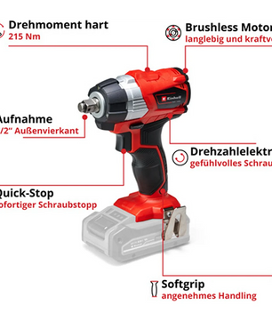 Der Einhell TP-CW 18 Li BL-Solo Akku-Schlagschrauber (rot) bietet 215 Nm Drehmoment, bürstenlosen Motor, ergonomischen Griff und Quick-Stop - alle Features sind auf Deutsch beschriftet.