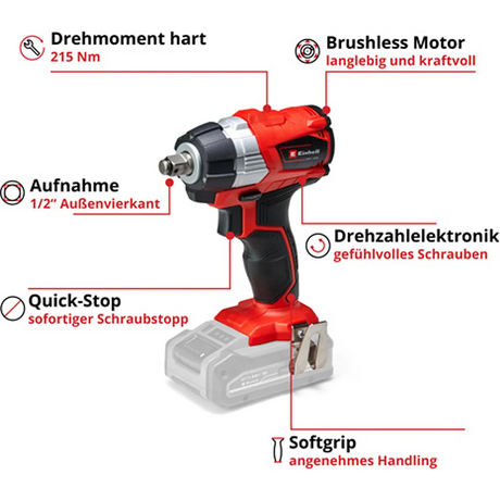 Der Einhell TP-CW 18 Li BL-Solo Akku-Schlagschrauber (rot) bietet 215 Nm Drehmoment, bürstenlosen Motor, ergonomischen Griff und Quick-Stop - alle Features sind auf Deutsch beschriftet.