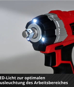 Nahaufnahme des Einhell TP-CW 18 Li BL-Solo Akku-Schlagschraubers in rot, der mit LED-Arbeitslicht, bürstenlosem Motor und 215 Nm Drehmoment für starke Leistung sorgt.