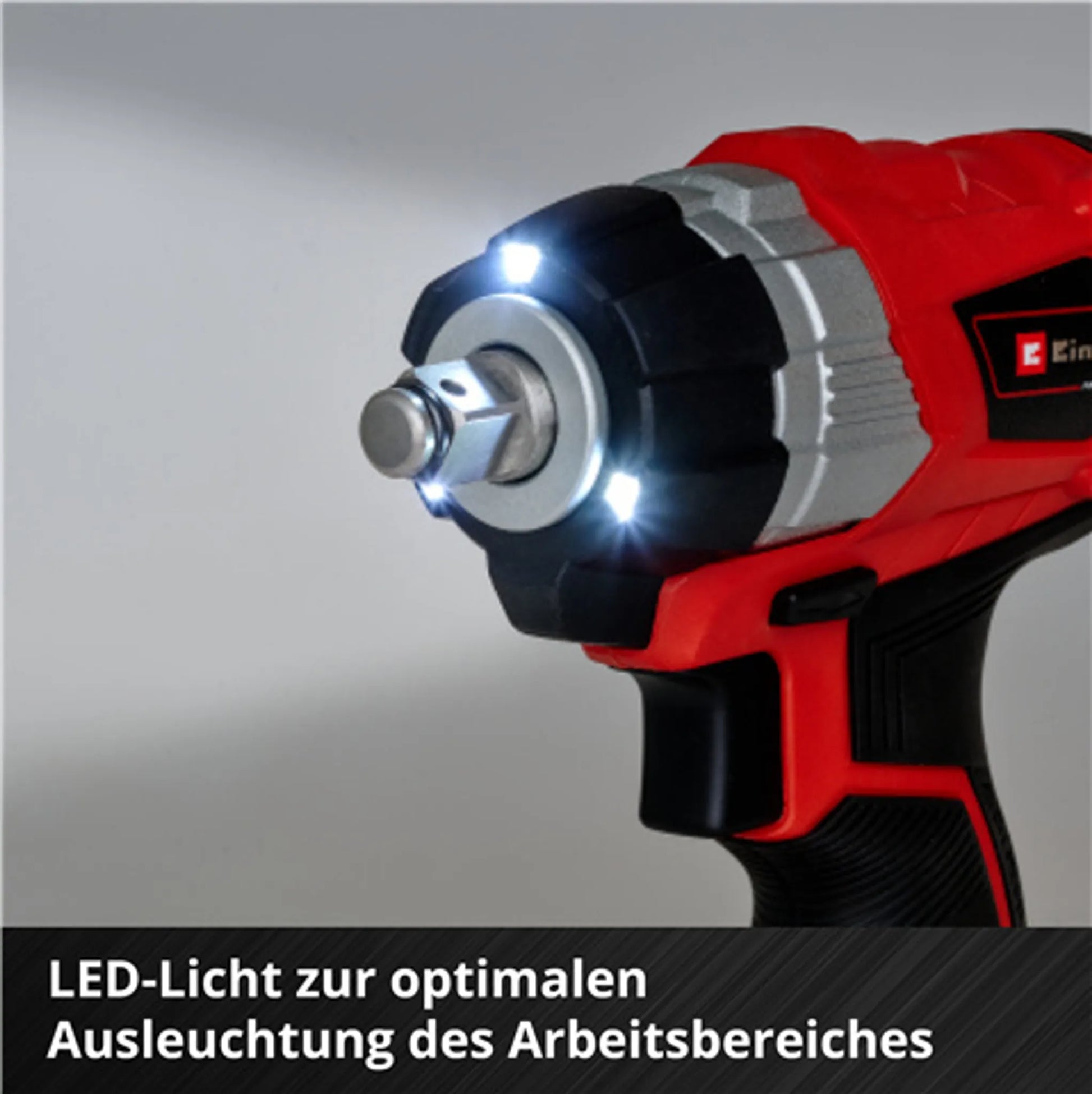 Nahaufnahme des Einhell TP-CW 18 Li BL-Solo Akku-Schlagschraubers in rot, der mit LED-Arbeitslicht, bürstenlosem Motor und 215 Nm Drehmoment für starke Leistung sorgt.