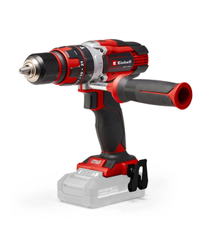 Der rote Einhell TE-CD 18/48 Akku-Schlagbohrschrauber, hier ohne Akku und mit seitlichem Griff, ist auf weißem Hintergrund abgebildet.