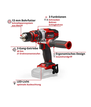 Der Einhell TE-CD 18/48 Akku-Schlagbohrschrauber - rot bietet ein schlüsselloses Bohrfutter, 2-Gang-Getriebe, ergonomischen Griff, LED-Licht und 3 Funktionen für vielseitige Bohr- und Schraubarbeiten.