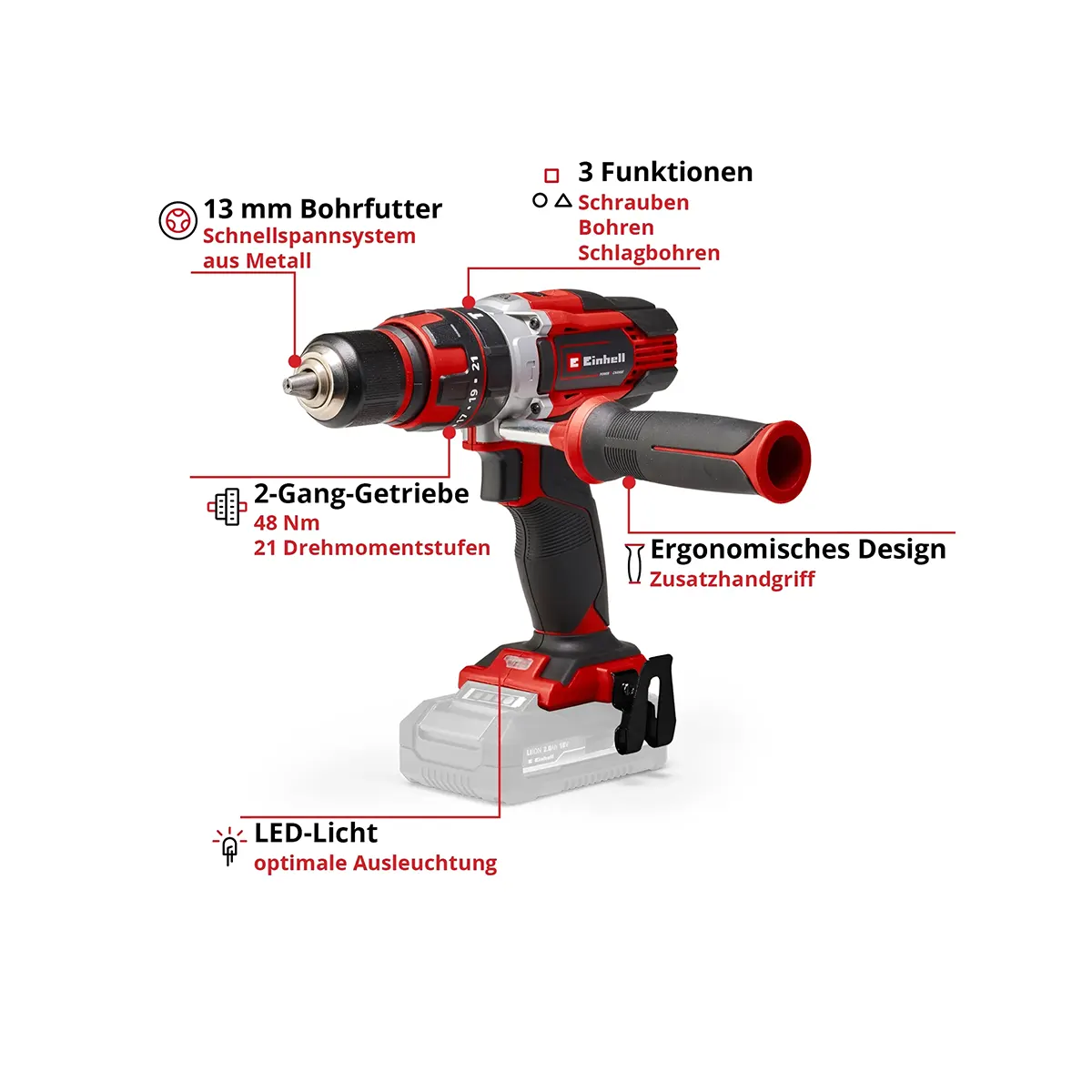 Der Einhell TE-CD 18/48 Akku-Schlagbohrschrauber - rot bietet ein schlüsselloses Bohrfutter, 2-Gang-Getriebe, ergonomischen Griff, LED-Licht und 3 Funktionen für vielseitige Bohr- und Schraubarbeiten.