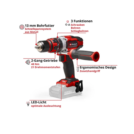 Der Einhell TE-CD 18/48 Akku-Schlagbohrschrauber - rot bietet ein schlüsselloses Bohrfutter, 2-Gang-Getriebe, ergonomischen Griff, LED-Licht und 3 Funktionen für vielseitige Bohr- und Schraubarbeiten.