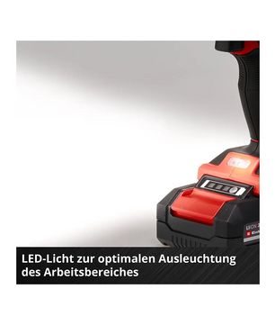 Nahaufnahme des roten Einhell TE-CD 18/48 Akku-Schlagbohrschraubers mit LED-Beleuchtung der Arbeitsfläche, darunter deutscher Text. Marke: Einhell.