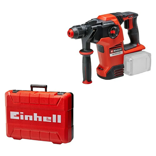 Der Einhell Professional Power X-Change 18V Akku-Kombihammer Herocco 36/28 ist in Rot und Schwarz mit passendem Koffer abgebildet. Kompatibel mit dem Power X-Change System für den kabellosen Einsatz.