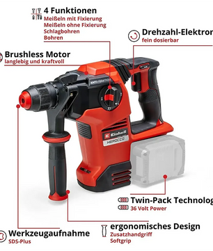 Einhell Professional Power X-Change 18V Akku-Kombihammer Herocco 36/28, ein rot-schwarzer Akku-Bohrhammer, verfügt über beschriftete Teile, deutsche Textbeschreibungen und ist mit dem Power X-Change System kompatibel.