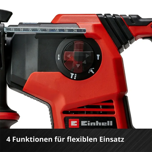 Nahaufnahme eines rot-schwarzen Einhell Professional Power X-Change 18V Akku-Kombihammer Herocco 36/28, mit Moduswahlrad, Power X-Change Schriftzug und deutschem Text darunter.
