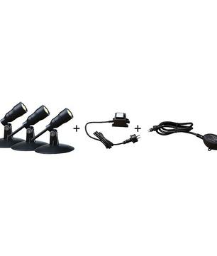 Das Heissner Smart Lights Starter-Set LED-Spots in Schwarz enthält drei Spots mit Ständer, Netzteil, langem Kabel und Steuerschalter - perfekt für eine stilvolle Teichbeleuchtung und eine zuverlässige Beleuchtung dank des integrierten Dämmerungssensors.