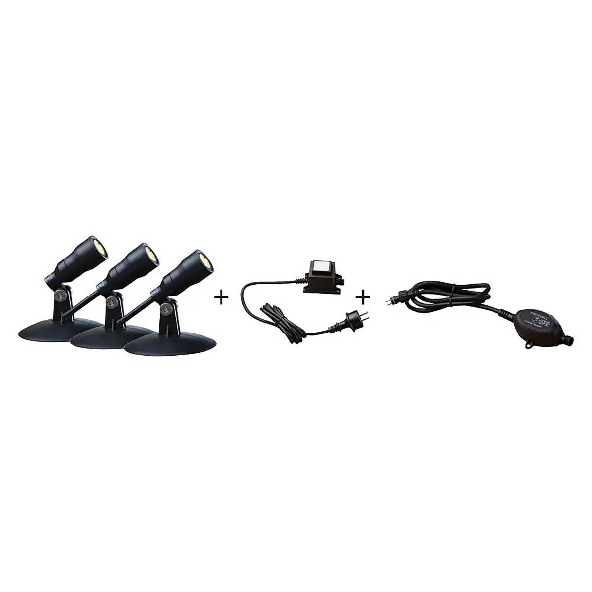 Das Heissner Smart Lights Starter-Set LED-Spots in Schwarz enthält drei Spots mit Ständer, Netzteil, langem Kabel und Steuerschalter - perfekt für eine stilvolle Teichbeleuchtung und eine zuverlässige Beleuchtung dank des integrierten Dämmerungssensors.