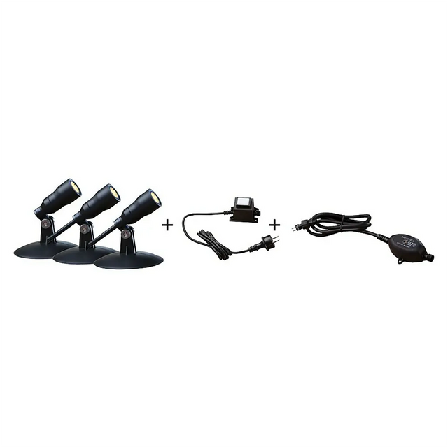 Das Heissner Smart Lights Starter-Set LED-Spots in Schwarz enthält drei Spots mit Ständer, Netzteil, langem Kabel und Steuerschalter - perfekt für eine stilvolle Teichbeleuchtung und eine zuverlässige Beleuchtung dank des integrierten Dämmerungssensors.