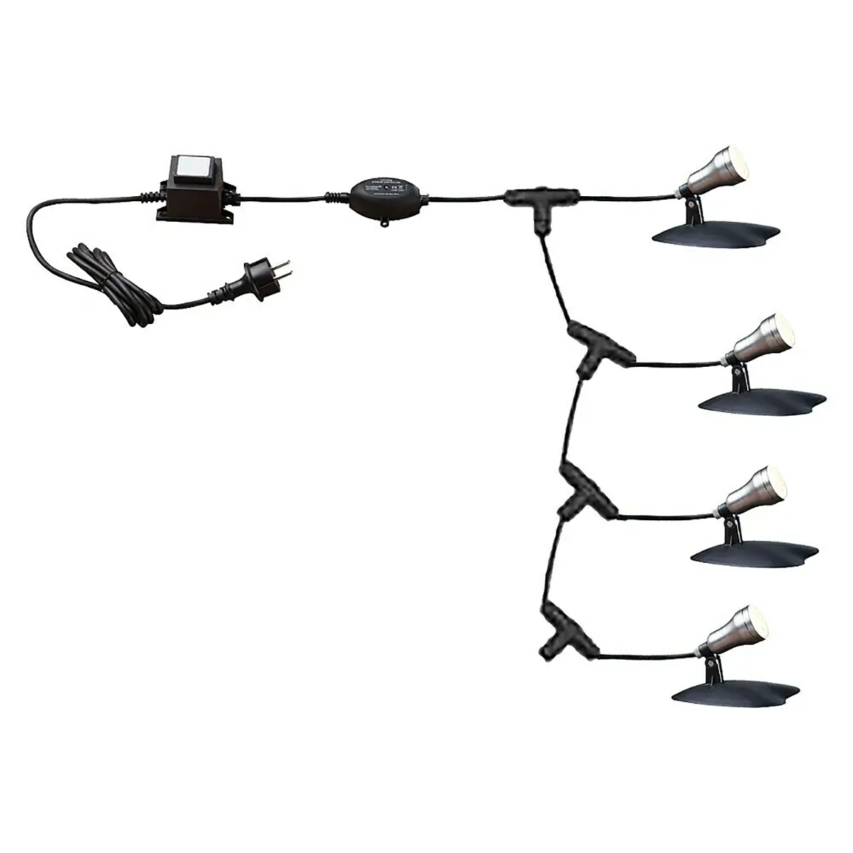 Das Heissner Smart Lights Starter-Set LED-Spots (schwarz) enthält fünf LED-Spots für den Außenbereich mit Netzkabel, Transformator, Stecker und Dämmerungssensor für eine automatische, stilvolle Teichbeleuchtung von Heissner.