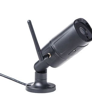 Die Heissner Smart Garden (Z1080-00) WiFi-Kamera in silber bietet zuverlässige Gartenüberwachung als Outdoor-WLAN-Kamera - mit Antenne, sichtbarem Kabel und leicht geneigter Basis.