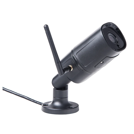 Die Heissner Smart Garden (Z1080-00) WiFi-Kamera in silber bietet zuverlässige Gartenüberwachung als Outdoor-WLAN-Kamera - mit Antenne, sichtbarem Kabel und leicht geneigter Basis.