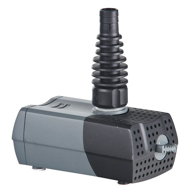 Die Heissner Aqua Stark Multifunktionspumpe - grau ist eine kompakte schwarz-graue Pumpe mit gerippter Düse und belüfteter Front, ideal für vielseitige Wasseranwendungen.