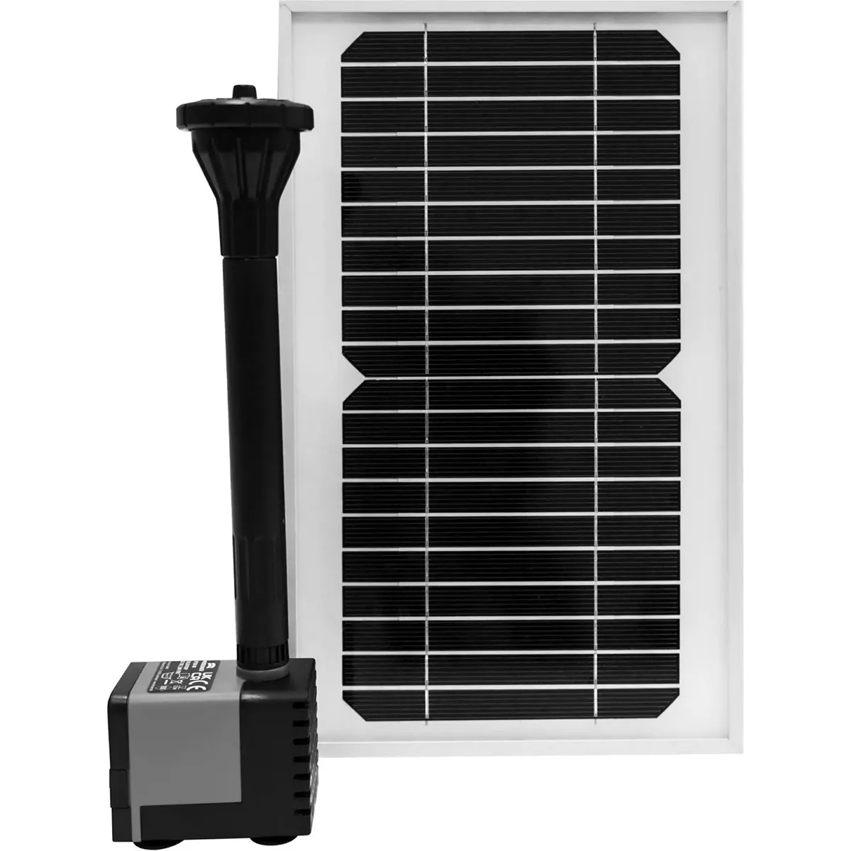 Die Heissner SP550-00 Teichpumpe Solar - schwarz, abgebildet mit Solarpanel und Standrohr, ist perfekt für Ihren Gartenteich oder Ihr Wasserspiel geeignet und wird vor einem weißen Hintergrund dargestellt.