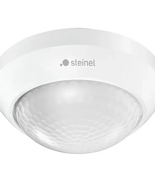 Weißer, runder Steinel IS 360-3 Infrarot-Bewegungsmelder zur Deckenmontage mit dem Steinel-Logo und einer strukturierten Kuppellinse in der Mitte, ausgelegt mit einem 360°-Erfassungswinkel für eine optimale Deckenmontage.