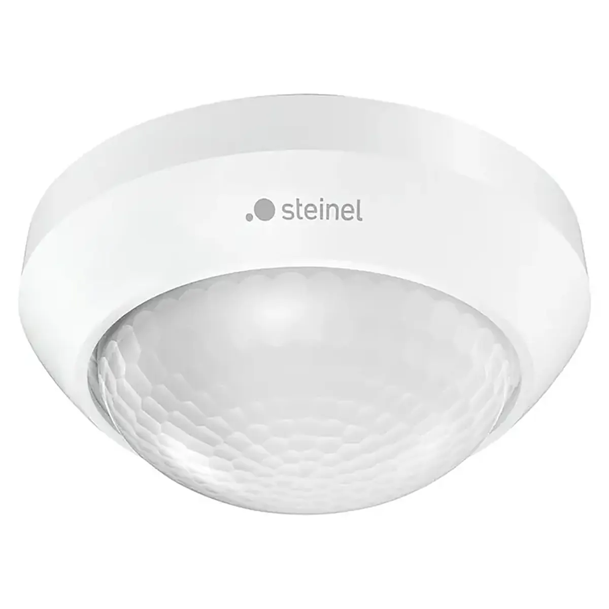Weißer, runder Steinel IS 360-3 Infrarot-Bewegungsmelder zur Deckenmontage mit dem Steinel-Logo und einer strukturierten Kuppellinse in der Mitte, ausgelegt mit einem 360°-Erfassungswinkel für eine optimale Deckenmontage.