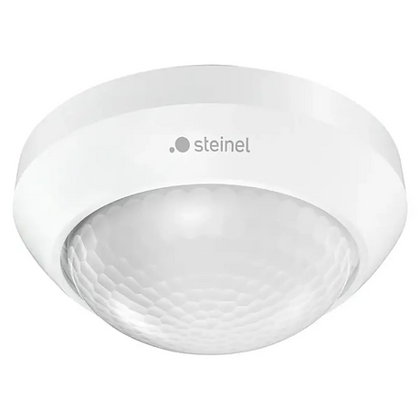 Weißer, runder Steinel IS 360-3 Infrarot-Bewegungsmelder zur Deckenmontage mit dem Steinel-Logo und einer strukturierten Kuppellinse in der Mitte, ausgelegt mit einem 360°-Erfassungswinkel für eine optimale Deckenmontage.
