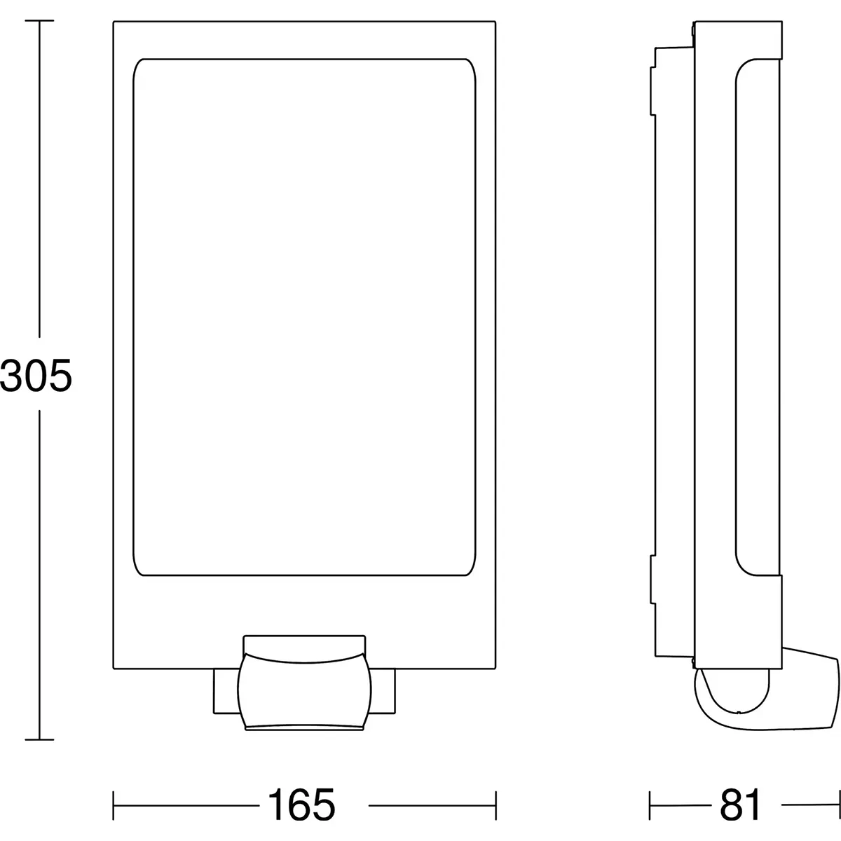 Technische Zeichnung der LED-Außenleuchte Steinel L 240 S – „Silber“ von Steinel, ein rechteckiges Gerät mit den Maßen 305 mm Höhe, 165 mm Breite und 81 mm Tiefe, dargestellt in Vorder- und Seitenansicht – ideal als LED-Außenwandleuchte oder Sensor-LED-Außenleuchte für moderne Außenbereiche.