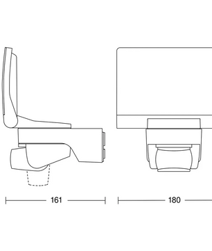 Strichzeichnung einer Toilette mit Sitz, dargestellt von der Seite und von vorne, mit in Zentimetern angegebenen Maßen – ideal für den Einsatz in Räumen, in denen Geräte wie der Steinel STEINEL XLED home 2 XL S – schwarz LED-Außenstrahler Teil Ihrer intelligenten Badezimmer- oder Außenbeleuchtung sind.