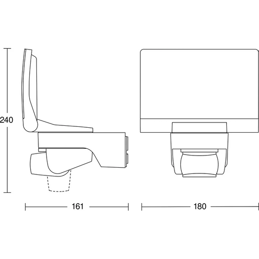 Strichzeichnung einer Toilette mit Sitz, dargestellt von der Seite und von vorne, mit in Zentimetern angegebenen Maßen – ideal für den Einsatz in Räumen, in denen Geräte wie der Steinel STEINEL XLED home 2 XL S – schwarz LED-Außenstrahler Teil Ihrer intelligenten Badezimmer- oder Außenbeleuchtung sind.