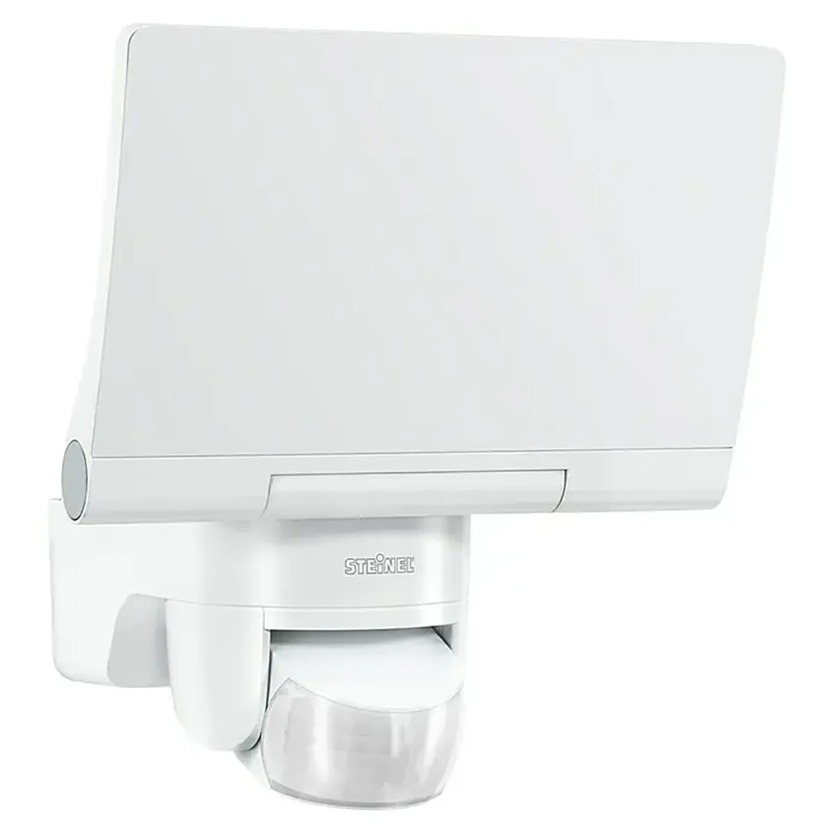 Steinel XLED home 2 S – weiß: Weißer, an der Wand montierter LED-Außenstrahler mit Bewegungsmelder und rechteckigem Flachpaneel.