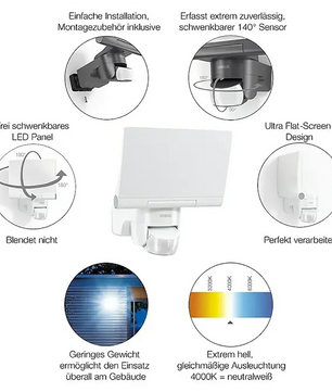 Der STEINEL XLED home 2 S – weiß von Steinel ist ein weißer, schwenkbarer LED-Außenstrahler mit Bewegungsmelder, der Angaben zur Montage sowie zur Farbtemperatur des Lichts enthält – ideal für eine effektive Außenbeleuchtung.