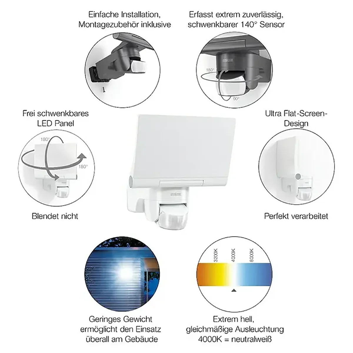 Der STEINEL XLED home 2 S – weiß von Steinel ist ein weißer, schwenkbarer LED-Außenstrahler mit Bewegungsmelder, der Angaben zur Montage sowie zur Farbtemperatur des Lichts enthält – ideal für eine effektive Außenbeleuchtung.