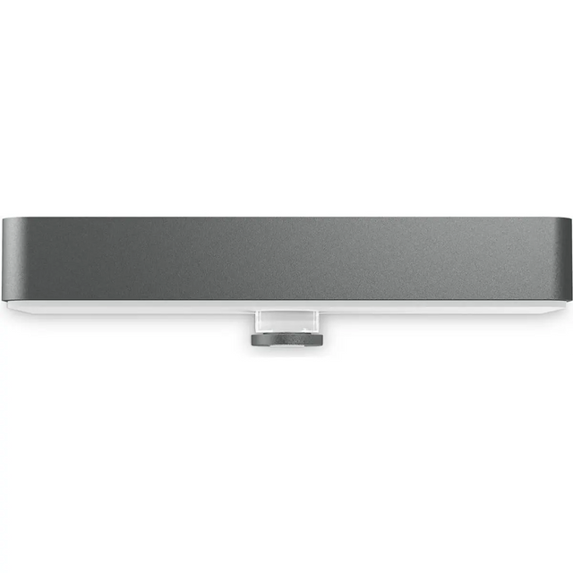 Die Steinel XSolar SOL-O Sensor-Außenleuchte – grau, eine rechteckige, graue LED-Wandleuchte von Steinel mit Sensor, ist von vorne vor einem weißen Hintergrund abgebildet.