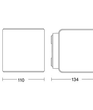 Technische Zeichnung der STEINEL L 840 SC Außenwandleuchte von Steinel: quadratisches Design mit den Maßen 110 x 110 mm (von oben gesehen) und einer Breite von 134 mm (von der Seite gesehen), ausgestattet mit einem integrierten iHF-Hochfrequenzsensor und Bluetooth-Konnektivität – ideal als LED-Außenwandleuchte.
