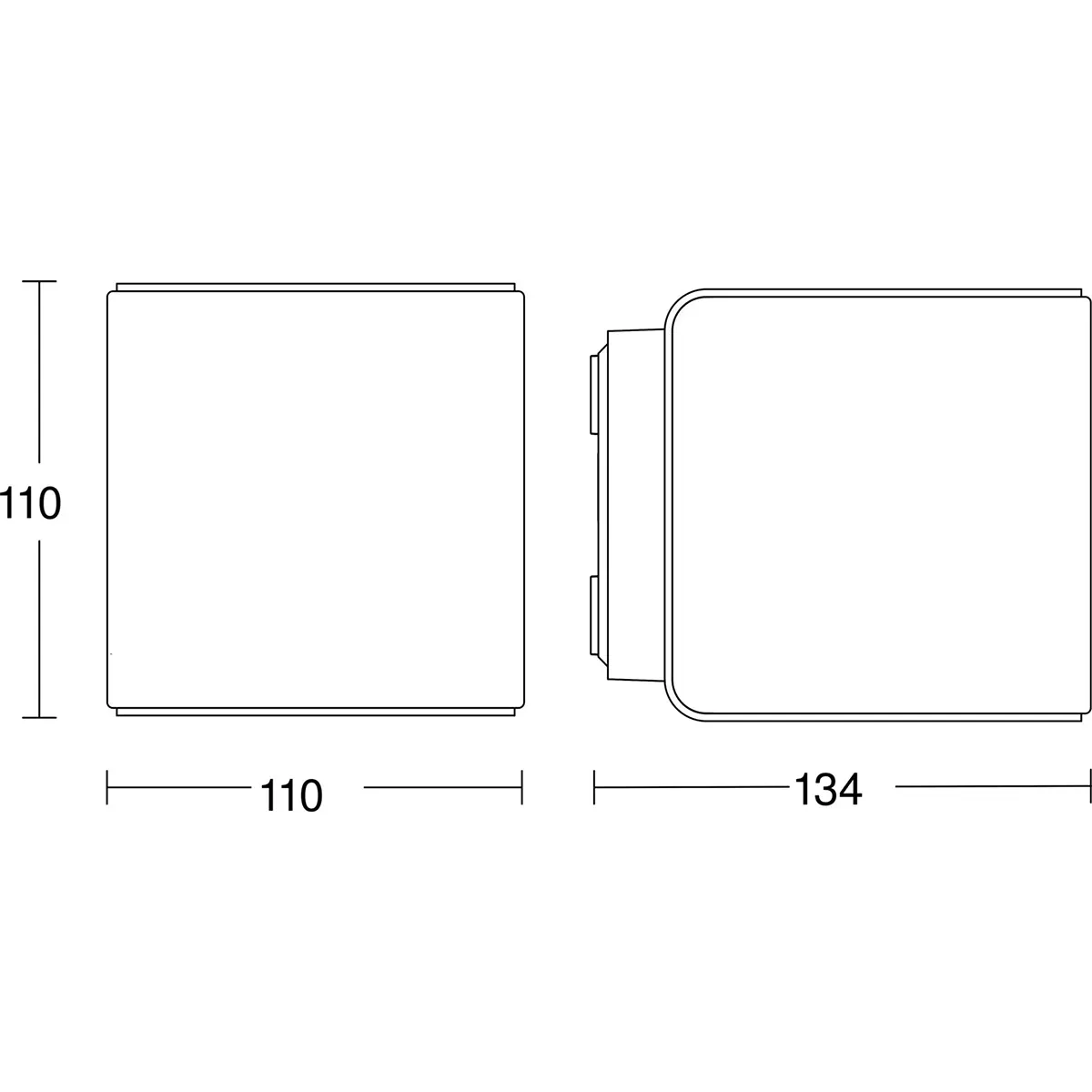 Technische Zeichnung der STEINEL L 840 SC Außenwandleuchte von Steinel: quadratisches Design mit den Maßen 110 x 110 mm (von oben gesehen) und einer Breite von 134 mm (von der Seite gesehen), ausgestattet mit einem integrierten iHF-Hochfrequenzsensor und Bluetooth-Konnektivität – ideal als LED-Außenwandleuchte.