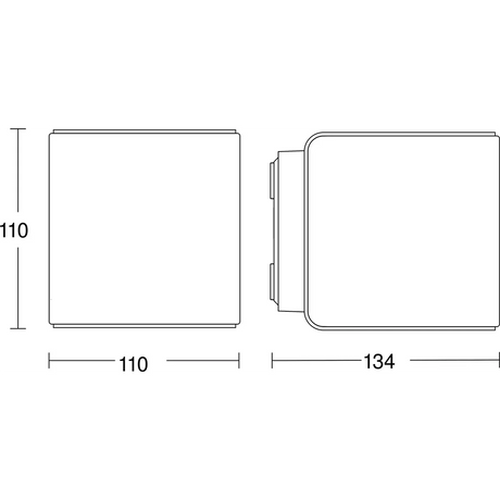 Technische Zeichnung der STEINEL L 840 SC Außenwandleuchte von Steinel: quadratisches Design mit den Maßen 110 x 110 mm (von oben gesehen) und einer Breite von 134 mm (von der Seite gesehen), ausgestattet mit einem integrierten iHF-Hochfrequenzsensor und Bluetooth-Konnektivität – ideal als LED-Außenwandleuchte.