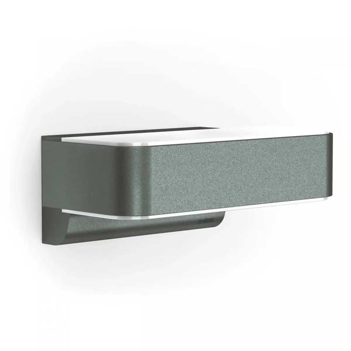 Die Steinel L 810 SC Sensor-Außenleuchte von Steinel ist eine moderne, rechteckige Wandleuchte mit grauem Gehäuse und weißer Abdeckung, die durch ihr schlankes Design und fortschrittliche Bluetooth-Technologie besticht.