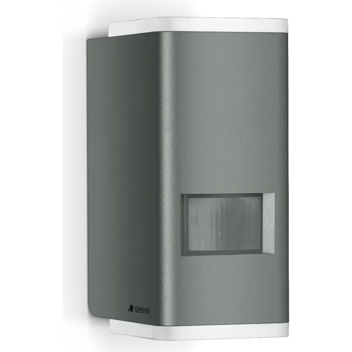 Die Steinel L 930 S Sensor-Außenleuchte in Grau von Steinel ist eine moderne Wandleuchte für den Außenbereich mit einem rechteckigen Bewegungsmelder auf der Vorderseite, die sich ideal als LED-Außenleuchte für eine stilvolle Fassadenbeleuchtung eignet.