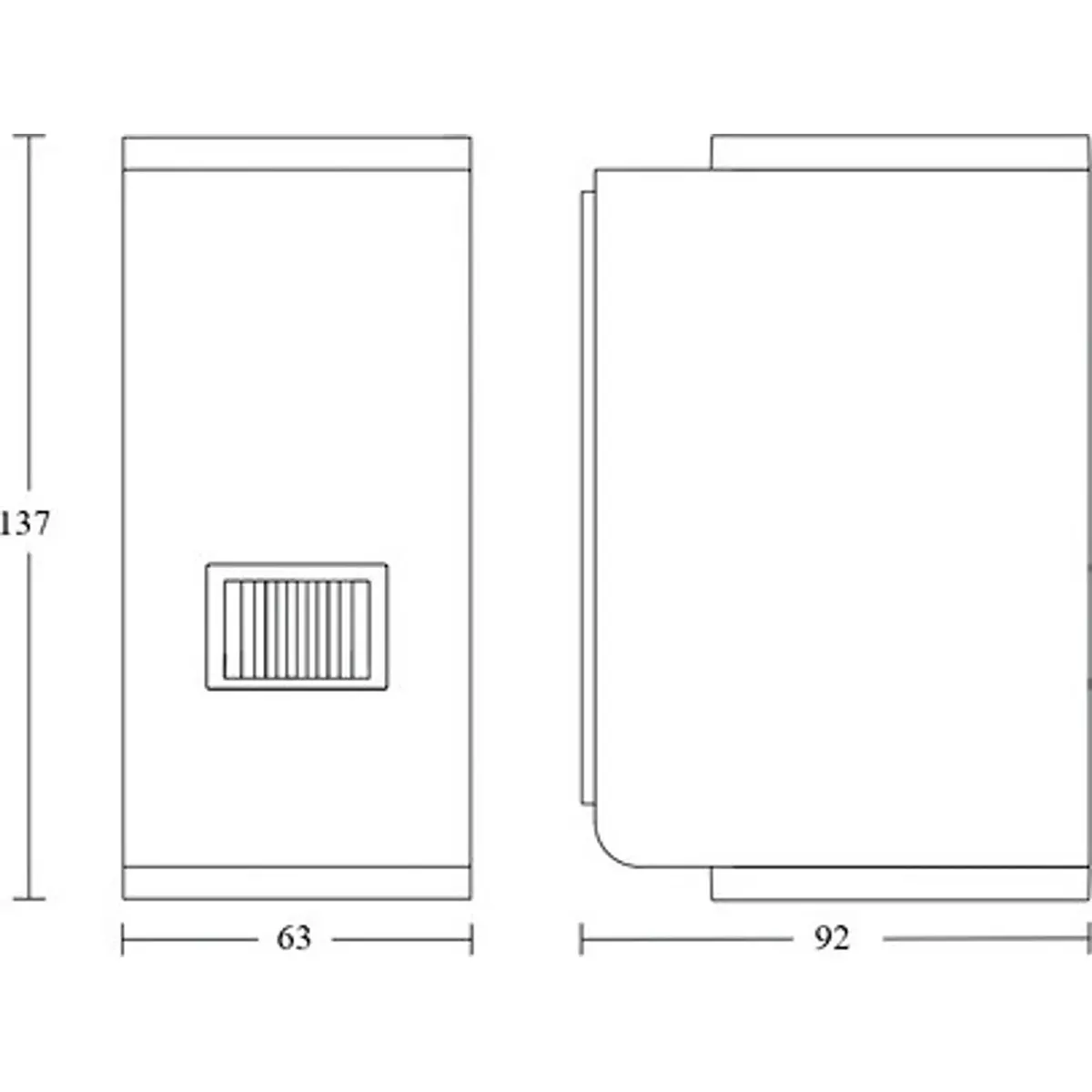 Hier ist eine überarbeitete Version unter Verwendung Ihrer Produktdaten: Technische Zeichnung der Steinel L 930 S Sensor-Außenleuchte in Grau mit rechteckigen Gehäuseabmessungen von 137 x 63 x 92 mm, dargestellt in Vorder- und Seitenansicht. Diese von Steinel entwickelte LED-Außenleuchte eignet sich ideal für die Fassadenbeleuchtung und kann zur Erweiterung der Funktionalität mit einem Bewegungsmelder ausgestattet werden.