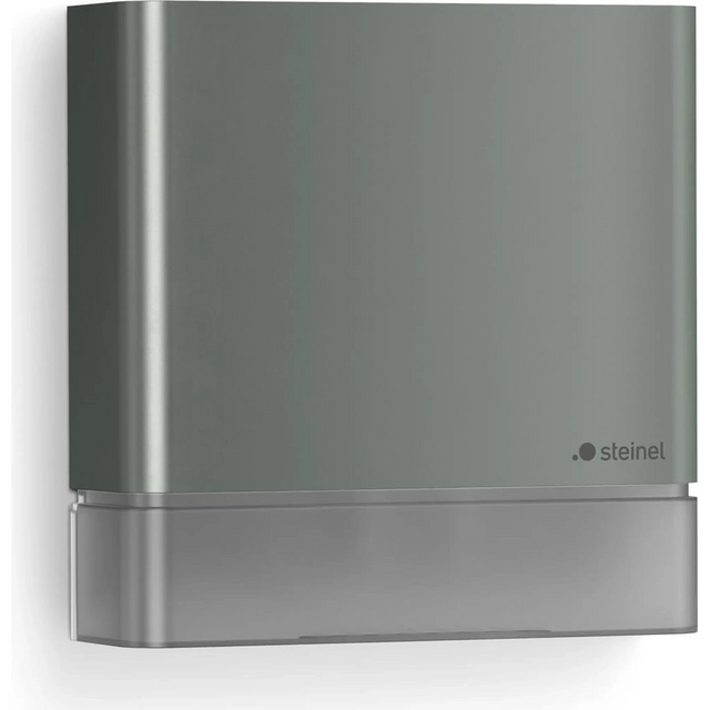 Der Steinel IS 180 digi Bewegungsmelder in Grau ist ein rechteckiger, an der Wand montierter Außenbewegungsmelder mit minimalistischem, modernem Design und dem Steinel-Logo unten rechts; ideal für den Außenbereich, ausgestattet mit einem digital einstellbaren Sensor und einem praktischen Bewegungsmelder.