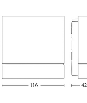 Strichzeichnung des Steinel IS 180 digi Bewegungsmelders in Grau, eines kastenförmigen Objekts mit den Abmessungen 116 × 116 × 42 mm, dargestellt aus zwei Blickwinkeln. Dieser digital einstellbare Sensor von Steinel eignet sich ideal für den Einsatz im Außenbereich und kann flexibel als Bewegungsmelder eingesetzt werden.