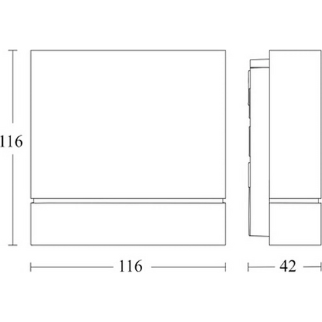 Strichzeichnung des Steinel IS 180 digi Bewegungsmelders in Grau, eines kastenförmigen Objekts mit den Abmessungen 116 × 116 × 42 mm, dargestellt aus zwei Blickwinkeln. Dieser digital einstellbare Sensor von Steinel eignet sich ideal für den Einsatz im Außenbereich und kann flexibel als Bewegungsmelder eingesetzt werden.
